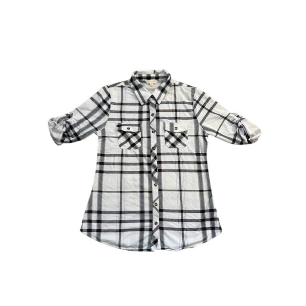 Eden & Olivia Women Small White Black Plaid Roll Tab Button Down Shirt RN85970‎
